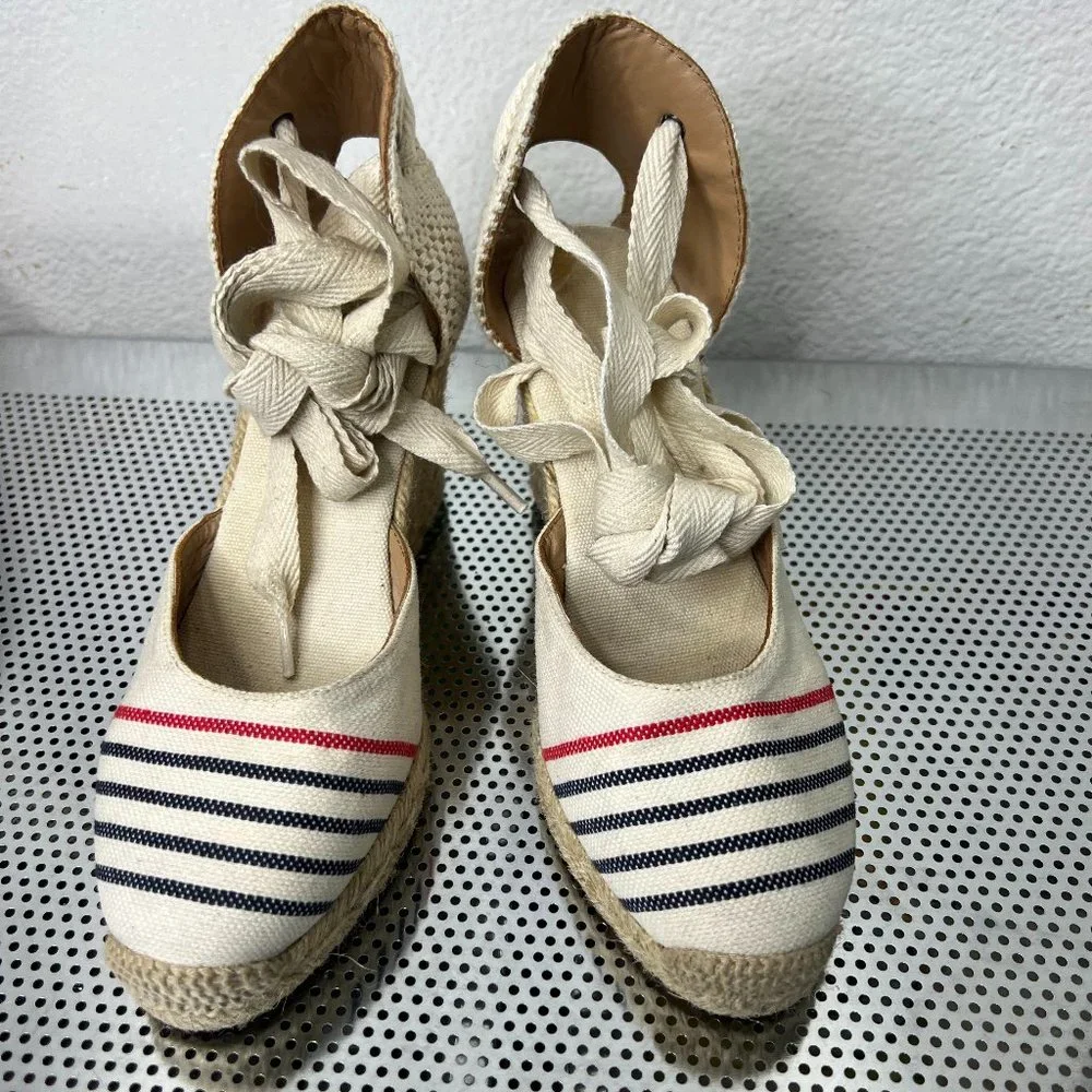 Soludos Women's Lace-Up Tall Wedge Espadrilles Red‎ Navy Natural  Size 5
